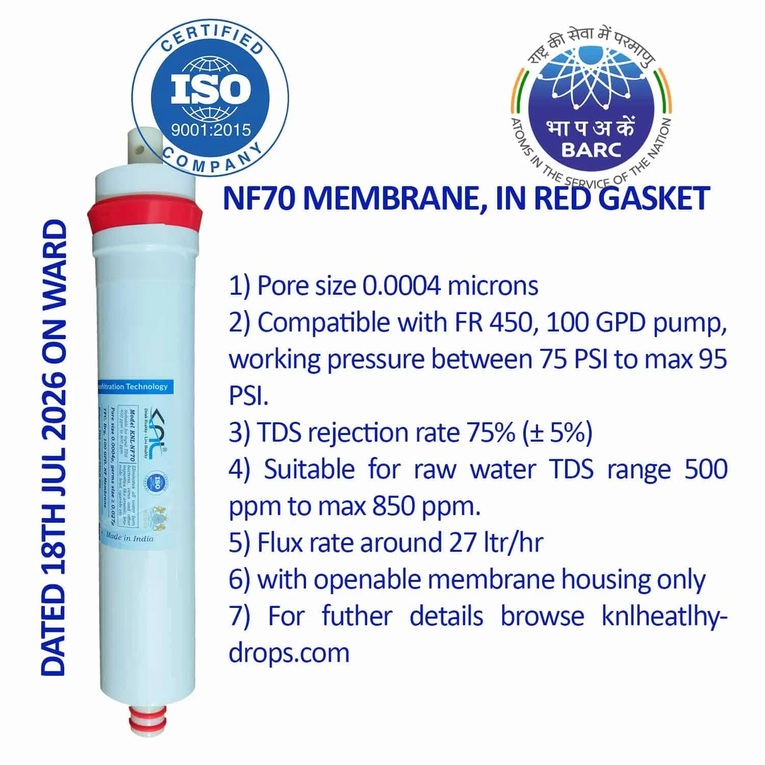 KNL NF70 Nanofiltration Membrane with FR 450